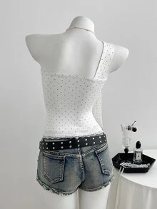 Elamini Sweet Polka Dot Contrast Lace Cold Shoulder Bowknot Tie Top For Women - White - View 2