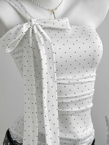 Elamini Sweet Polka Dot Contrast Lace Cold Shoulder Bowknot Tie Top For Women - White - View 6