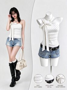 Elamini Sweet Polka Dot Contrast Lace Cold Shoulder Bowknot Tie Top For Women - White - View 1