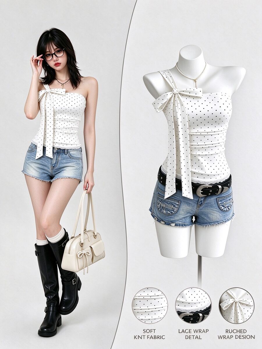 Elamini Sweet Polka Dot Contrast Lace Cold Shoulder Bowknot Tie Top For Women - White - View 1