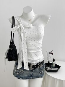 Elamini Sweet Polka Dot Contrast Lace Cold Shoulder Bowknot Tie Top For Women - White - View 5