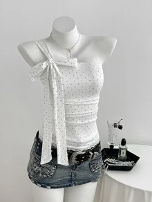 Elamini Sweet Polka Dot Contrast Lace Cold Shoulder Bowknot Tie Top For Women - White - View 4