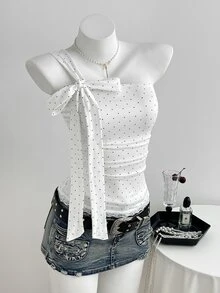 Elamini Sweet Polka Dot Contrast Lace Cold Shoulder Bowknot Tie Top For Women - White - View 7