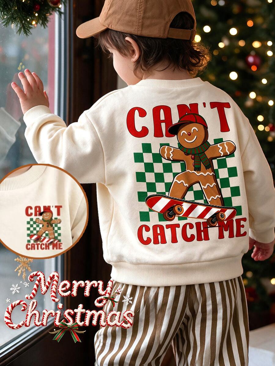 Young Boy Long Sleeve Crew Neck Sweatshirt, Classic Cute Plaid Flag, Christmas Cartoon Gingerbread Man Graphic Print, Suitable For Christmas, Suitable For Autumn/Winter - Multicolor - View 1