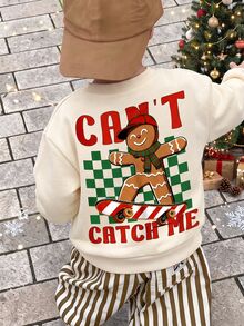 Young Boy Long Sleeve Crew Neck Sweatshirt, Classic Cute Plaid Flag, Christmas Cartoon Gingerbread Man Graphic Print, Suitable For Christmas, Suitable For Autumn/Winter - Multicolor - View 2