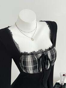Elamini 法式復古格紋拼接蕾絲飾邊方領長袖短洋裝，甜辣風修身女裝洋裝 - 黑色 - 查看 3