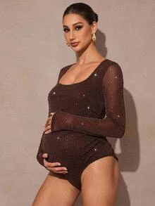 MaterniChic 孕婦水鑽百褶休閒性感優雅日常穿著拍照連身褲 冬季女裝 秋季新年棕色 - 棕色 - 查看 1