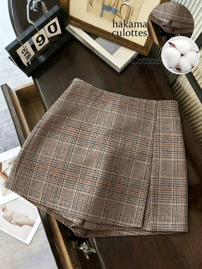 SHEIN Women's Plaid A-Line Skirt Shorts Winter Autumn Outfit Holiday Vacation Y2K Office Wear Commute Clothing Country Style Cute Fashion Shorts Festival Outfit Back To School Clothing Christmas New Year Party Outing Wear Airport Outfit Apricot Color Casual Shorts