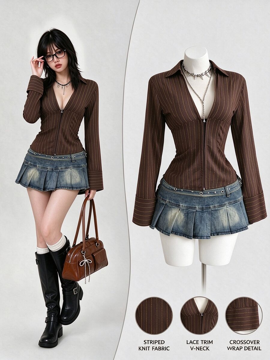 Elamini 1pc Black V-Neck Striped Collar Slim Fit Button-Up Long Sleeve Sexy Blouse For Commute & Daily Wear Brown Shirts For Women