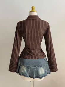 Elamini 1pc Black V-Neck Striped Collar Slim Fit Button-Up Long Sleeve Sexy Blouse For Commute & Daily Wear Brown Shirts For Women - Coffee Brown - View 3