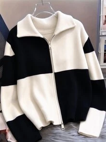 INAWLY Áo cardigan len nữ mới mùa thu phối màu, cổ Peter Pan, kéo khóa, áo khoác len dệt kim thời trang đa năng - Màu be - Xem 1