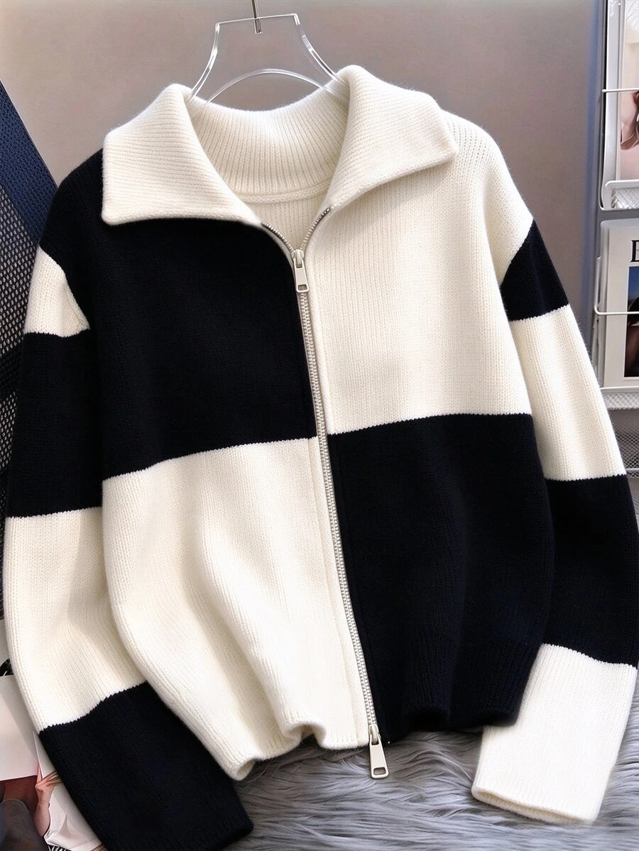 INAWLY Áo cardigan len nữ mới mùa thu phối màu, cổ Peter Pan, kéo khóa, áo khoác len dệt kim thời trang đa năng - Màu be - Xem 1