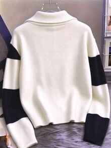 INAWLY Áo cardigan len nữ mới mùa thu phối màu, cổ Peter Pan, kéo khóa, áo khoác len dệt kim thời trang đa năng - Màu be - Xem 2