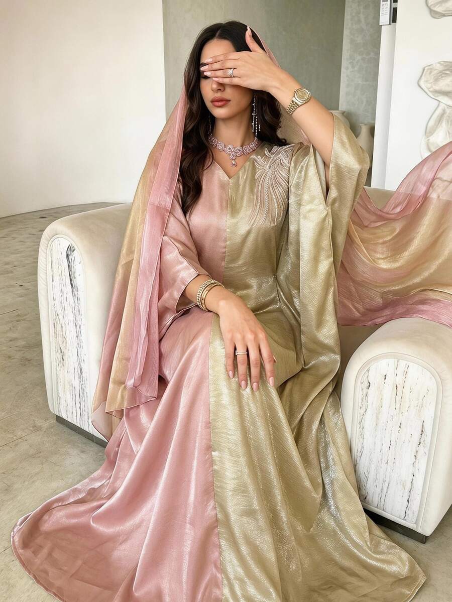 Al Najma 優雅菲律賓風保守款蝙蝠袖拼接提花長袍修身卡夫坦 Jalabiya 洋裝 正式婚禮晚宴 淡粉藍 秋季 - 杏色 - 查看 1