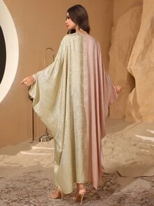 Al Najma 優雅菲律賓風保守款蝙蝠袖拼接提花長袍修身卡夫坦 Jalabiya 洋裝 正式婚禮晚宴 淡粉藍 秋季 - 杏色 - 查看 2
