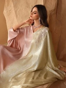 Al Najma 優雅菲律賓風保守款蝙蝠袖拼接提花長袍修身卡夫坦 Jalabiya 洋裝 正式婚禮晚宴 淡粉藍 秋季 - 杏色 - 查看 7