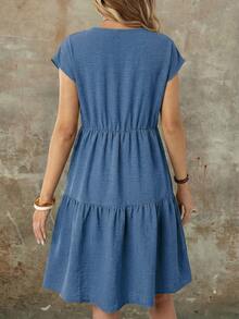 EMERY ROSE Women's Casual Linen-Like Dusty Blue Short Sleeve Round Neck Mid-Length Dress, Spring/Summer,Casual Dresses For Women Vacation - Blue - View 7