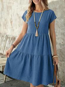 EMERY ROSE Women's Casual Linen-Like Dusty Blue Short Sleeve Round Neck Mid-Length Dress, Spring/Summer,Casual Dresses For Women Vacation - Blue - View 6