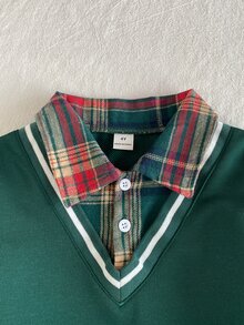 SHEIN 2件組小男孩套裝，兒童針織舒適長袖 Polo 2合1衛衣，時尚帥氣幼童胸前格紋獨特設計上衣，搭配卡其色休閒長褲，彈性腰頭設計，寬鬆版型，適合秋季度假、上學、日常外出等多種場合 - 墨綠色 - 查看 7
