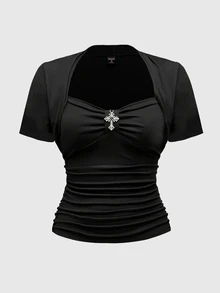 ROMWE Goth Sexy Square Neck Casual Versatile Black Elastic Cross Pendant 2 In 1 Plus Size T-Shirt - Black - View 3