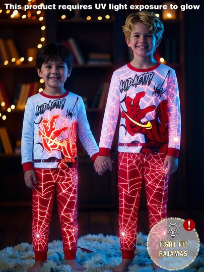 Boys' Autumn New 2 Pieces Set Fitted Pajamas, UV-Sensitive Glow-In-The-Dark Spider Web Print Design, High Elasticity Slim Fit, Includes Long Sleeve Top And Long Pants; Size Runs Small, Recommend Choosing One Size Up