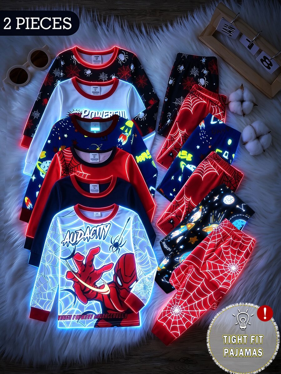 Boys' Autumn New 2 Pieces Set Fitted Pajamas, UV-Sensitive Glow-In-The-Dark Spider Web Print Design, High Elasticity Slim Fit, Includes Long Sleeve Top And Long Pants; Size Runs Small, Recommend Choosing One Size Up - Red - View 1