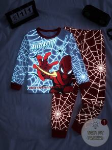 Boys' Autumn New 2 Pieces Set Fitted Pajamas, UV-Sensitive Glow-In-The-Dark Spider Web Print Design, High Elasticity Slim Fit, Includes Long Sleeve Top And Long Pants; Size Runs Small, Recommend Choosing One Size Up - Red - View 6