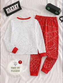Boys' Autumn New 2 Pieces Set Fitted Pajamas, UV-Sensitive Glow-In-The-Dark Spider Web Print Design, High Elasticity Slim Fit, Includes Long Sleeve Top And Long Pants; Size Runs Small, Recommend Choosing One Size Up - Red - View 2