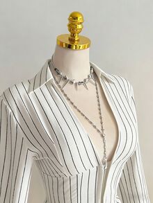 Elamini 黑色V领条纹修身长袖性感衬衫，适合通勤和日常穿着，冬季款 - 白色 - 查看 4