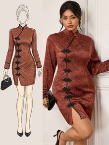 EastFlair Plus Size Women's Elegant Long Sleeve Dress With Frog Button Design And Jacquard Pattern Fall - Rust Brown - View 1