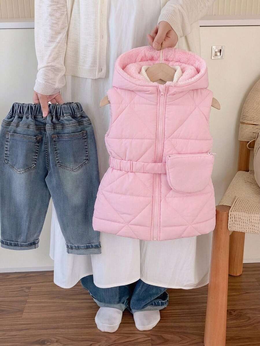 SHEIN 女童粉色新款無袖連帽收腰設計 3D口袋加厚外套，舒適保暖，適合旅行、上學、日常穿著，秋冬適用