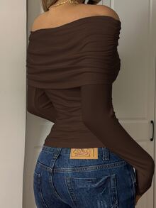 CovetEZ Brown Casual Knit Off Shoulder Ruched Fitted T-Shirt,Rave Top - Brown - View 5