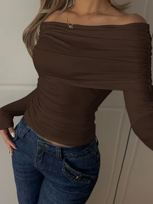 CovetEZ Brown Casual Knit Off Shoulder Ruched Fitted T-Shirt,Rave Top - Brown - View 7