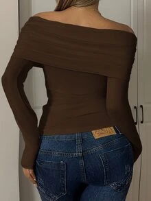CovetEZ Brown Casual Knit Off Shoulder Ruched Fitted T-Shirt,Rave Top - Brown - View 2