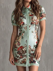 NostaNoir Vintage Oil Painting Floral Satin Women's Dress - Multicolor - View 3