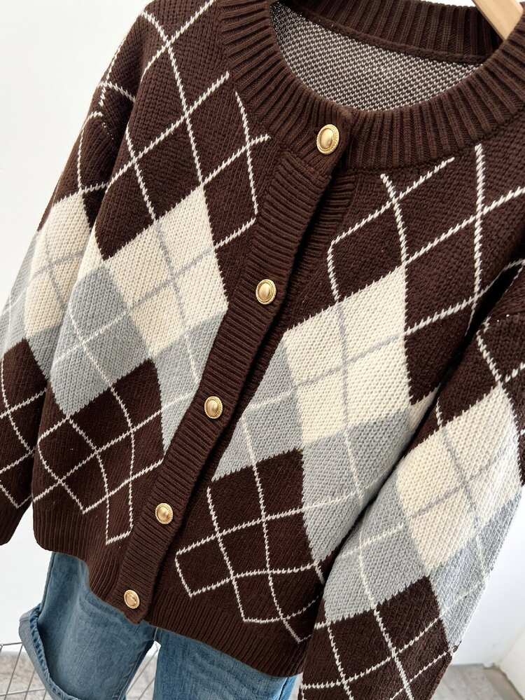 Easura Plus Size Women's Autumn/Winter Cardigan, Versatile Diamond Color-Block Plaid, Fashion Casual, Suitable For Daily Wear, Casual Occasions - Coffee Brown - View 7