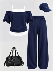 Girls' Fresh Minimalist Pentagram Graphic Print 2 In 1 Off-Shoulder Spaghetti Strap T-Shirt & Wide Leg Pants Set, Chill, Kawaii, Cozy Fall Styles - Multicolor - View 2