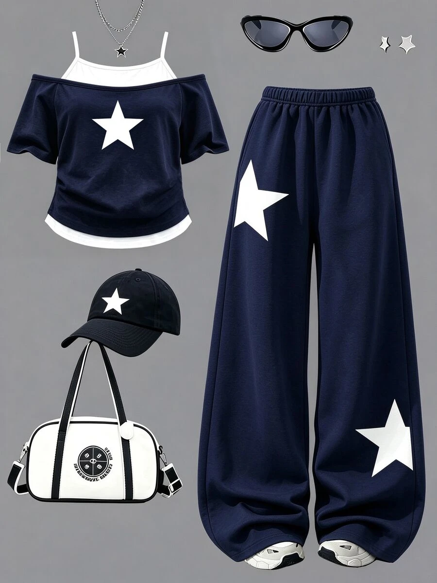 Girls' Fresh Minimalist Pentagram Graphic Print 2 In 1 Off-Shoulder Spaghetti Strap T-Shirt & Wide Leg Pants Set, Chill, Kawaii, Cozy Fall Styles - Multicolor - View 1