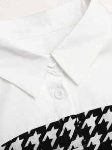 SHEIN Serisse Kids Tween女孩優雅千鳥格拼接白色領長袖2--1洋裝，返校季秋季套裝，白色長袖童裝洋裝 - 黑色 - 查看 5