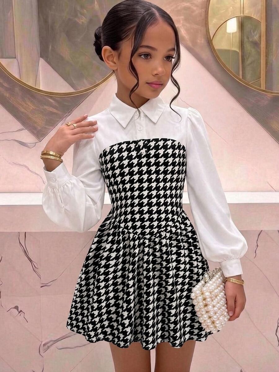 SHEIN Serisse Kids Tween女孩優雅千鳥格拼接白色領長袖2--1洋裝,返校季秋季套裝,白色長袖童裝洋裝 - 黑色 - 查看 1