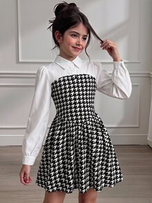 SHEIN Serisse Kids Tween女孩優雅千鳥格拼接白色領長袖2--1洋裝，返校季秋季套裝，白色長袖童裝洋裝 - 黑色 - 查看 10