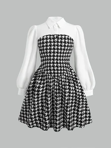 SHEIN Serisse Kids Tween女孩優雅千鳥格拼接白色領長袖2--1洋裝，返校季秋季套裝，白色長袖童裝洋裝 - 黑色 - 查看 2