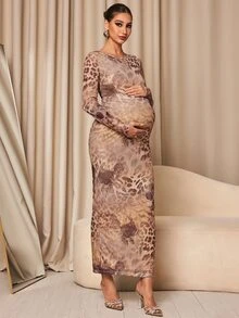 MaterniChic Gaun Hamil Elegan Model Pas Badan dengan Leher Bulat dan Motif Leopard - MultiWarna - View 4
