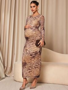 MaterniChic Gaun Hamil Elegan Model Pas Badan dengan Leher Bulat dan Motif Leopard - MultiWarna - View 2
