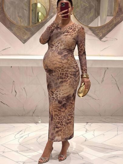 MaterniChic Gaun Hamil Elegan Model Pas Badan dengan Leher Bulat dan Motif Leopard