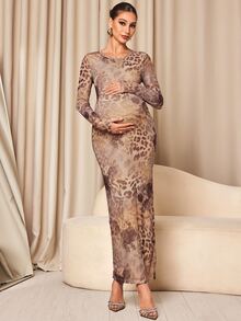 MaterniChic Gaun Hamil Elegan Model Pas Badan dengan Leher Bulat dan Motif Leopard - MultiWarna - View 3