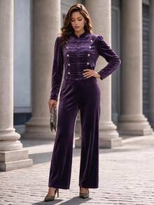 Editum Women's Elegant Double-Breasted Long Sleeve Top And Pocket Pants 2 Pieces Set - Purple - View 12