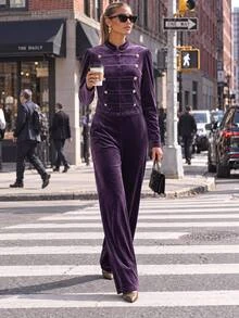 Editum Women's Elegant Double-Breasted Long Sleeve Top And Pocket Pants 2 Pieces Set - Purple - View 2