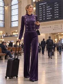 Editum Women's Elegant Double-Breasted Long Sleeve Top And Pocket Pants 2 Pieces Set - Purple - View 7