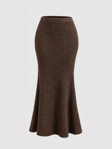 TRNVIE Women's 2 Pieces Set Asymmetrical Shoulder Top And Long Skirt, Knitted Faux Knitted Fabric - Brown - View 5